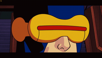 A Close Up Of A Cartoon Character 'S Eye With The Number 72 On The Bottom Left GIF