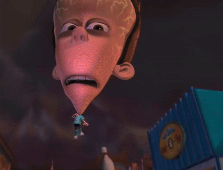 A Close Up Of A Cartoon Character 'S Face With A Green Arrow Pointing To His Brain GIF