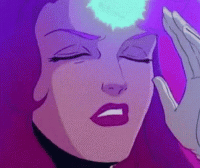 A Close Up Of A Cartoon Character 'S Face With A Purple Background And A Hand On Her Head . GIF
