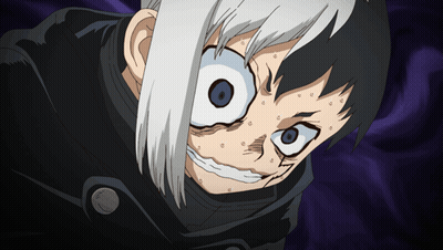 A Close Up Of A Cartoon Character 'S Face With A Purple Background GIF