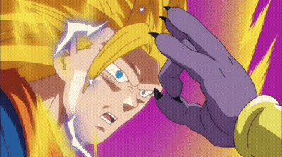 A Close Up Of A Cartoon Character 'S Face With A Purple Hand Behind It GIF