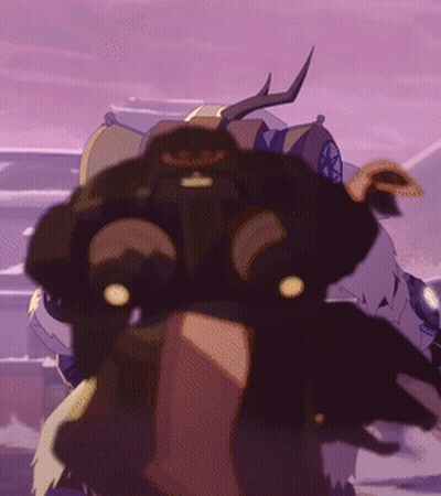 A Close Up Of A Cartoon Character 'S Face With A Purple Sky In The Background GIF
