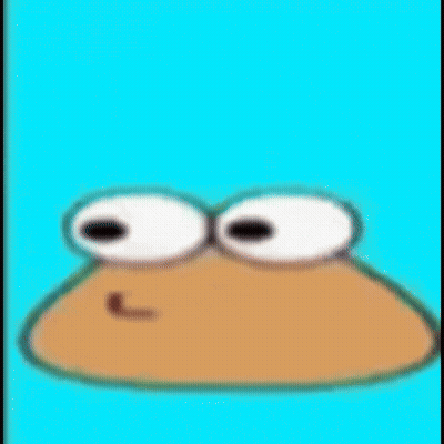 a close up of a cartoon character 's face with big eyes and a smile on a blue background .