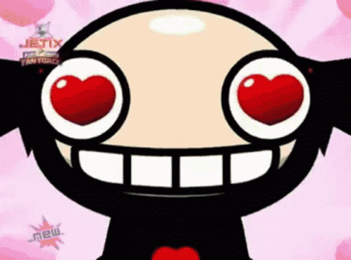 A Close Up Of A Cartoon Character 'S Face With Big Red Hearts In His Eyes GIF