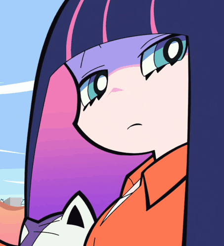 A Close Up Of A Cartoon Character 'S Face With Purple Hair GIF