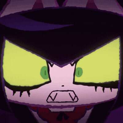 A Close Up Of A Cartoon Character 'S Face With Purple Hair And Green Eyes GIF