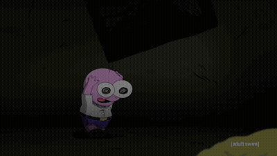 A Close Up Of A Cartoon Character 'S Face With The Words Adult Swim At The Bottom GIF