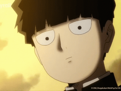 A Close Up Of A Cartoon Character 'S Face With The Words One Shogakukan Mobpsycho100 Below It GIF