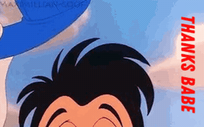 A Close Up Of A Cartoon Character 'S Face With The Words `` Thanks Babe '' Written Below It . GIF