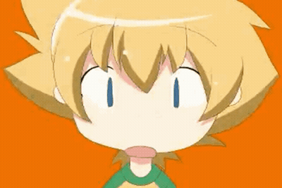A Close Up Of A Cartoon Character 'S Head With A Green Shirt On Against An Orange Background . GIF