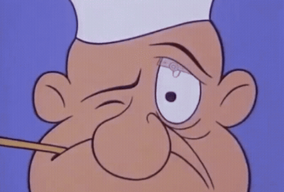 A Close Up Of A Cartoon Character Wearing A Chef 'S Hat And Holding A Fork In His Mouth . GIF
