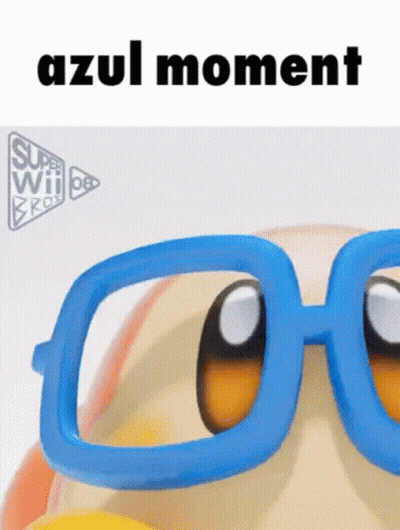 A Close Up Of A Cartoon Character Wearing Blue Glasses With The Words Azul Moment Above It GIF