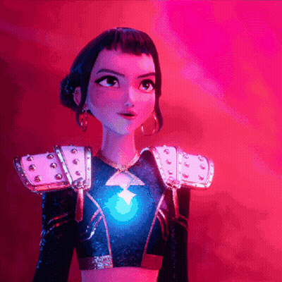A Close Up Of A Cartoon Character With A Blue Light On Her Chest GIF