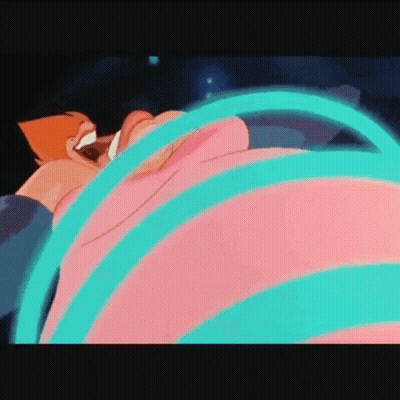 a close up of a cartoon character with a pink and blue striped shirt .