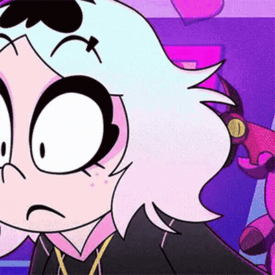 A Close Up Of A Cartoon Character With A Purple Background And A Purple Background . GIF