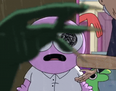 A Close Up Of A Cartoon Character With A Purple Face GIF