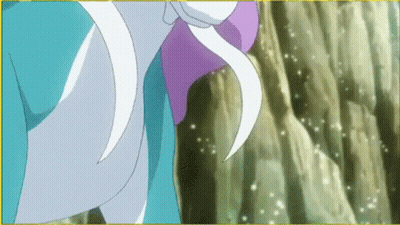 A Close Up Of A Cartoon Character With A Purple Flower In Her Hair Standing Next To A Rock Wall . GIF