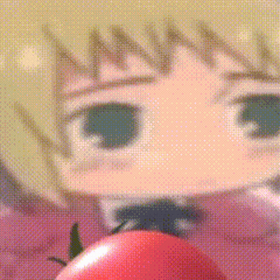 A Close Up Of A Cartoon Character With A Tomato In Front Of Him . GIF