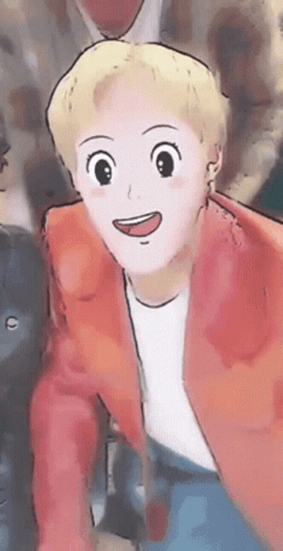 A Close Up Of A Cartoon Character With Blonde Hair And A Red Jacket GIF