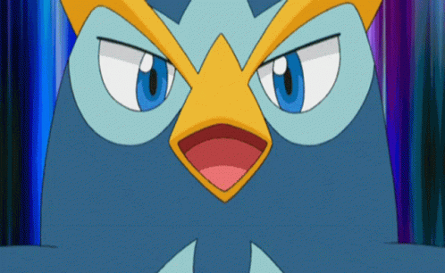 A Close Up Of A Cartoon Character With Blue Eyes And A Yellow Beak GIF