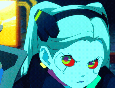 A Close Up Of A Cartoon Character With Blue Hair GIF