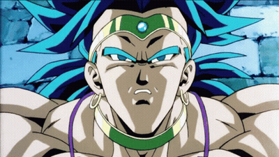 A Close Up Of A Cartoon Character With Blue Hair And A Green Necklace GIF