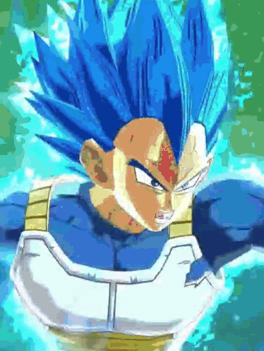 A Close Up Of A Cartoon Character With Blue Hair And A White Armor . GIF