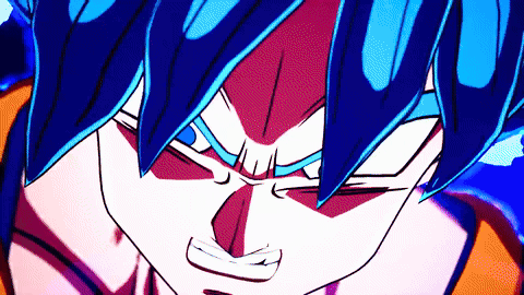 A Close Up Of A Cartoon Character With Blue Hair And Red Eyes GIF