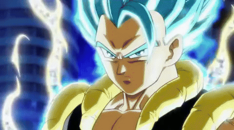 A Close Up Of A Cartoon Character With Blue Hair And Yellow Armor GIF