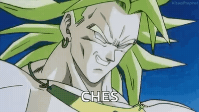 A Close Up Of A Cartoon Character With Green Hair And The Words `` Ches '' . GIF