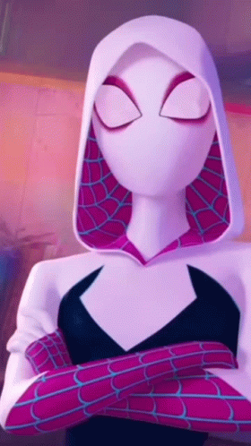 A Close Up Of A Cartoon Character With Her Arms Crossed And A Hood On Her Head . GIF