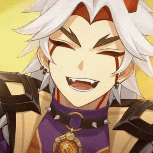 A Close Up Of A Cartoon Character With Horns And A Necklace On His Neck . GIF
