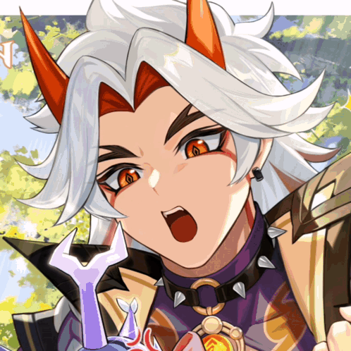 A Close Up Of A Cartoon Character With Horns On His Head GIF