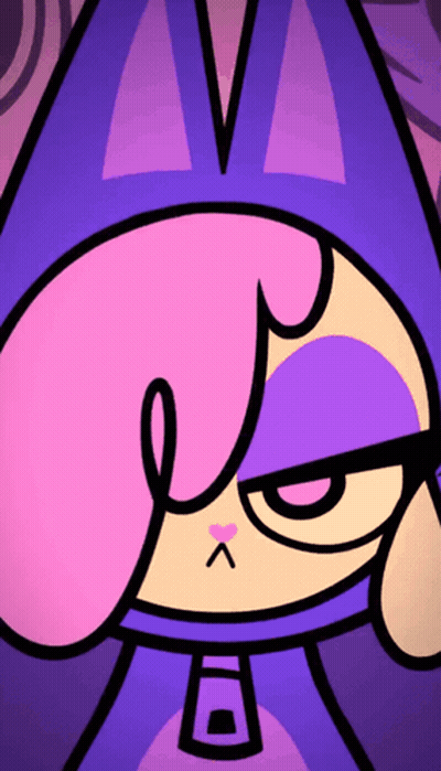 A Close Up Of A Cartoon Character With Pink Hair And Purple Eyes GIF