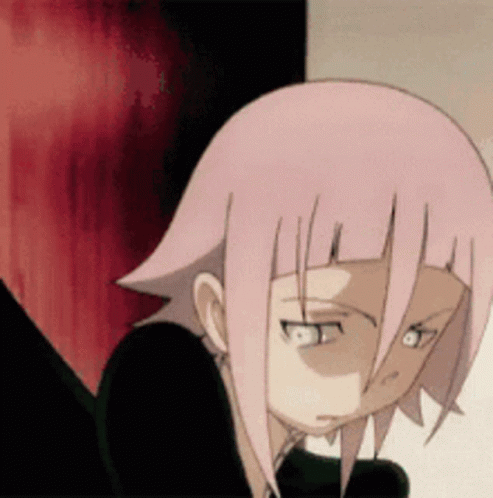 A Close Up Of A Cartoon Character With Pink Hair And White Eyes GIF