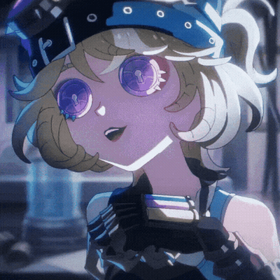 A Close Up Of A Cartoon Character With Purple Eyes And A Hat GIF
