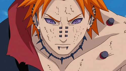 A Close Up Of A Cartoon Character With Purple Eyes And A Necklace With Spikes Around His Neck GIF