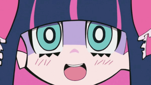 A Close Up Of A Cartoon Character With Purple Hair And Blue Eyes GIF
