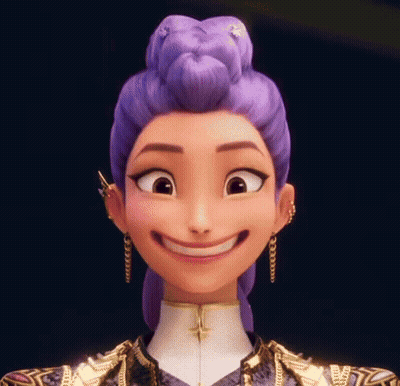 A Close Up Of A Cartoon Character With Purple Hair And Earrings Smiling . GIF