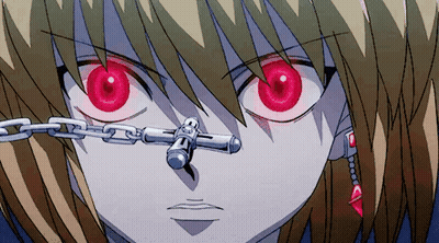 A Close Up Of A Cartoon Character With Red Eyes And A Chain Around His Nose GIF