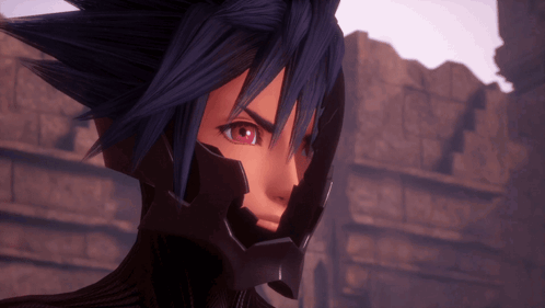 A Close Up Of A Cartoon Character With Red Eyes And Black Hair GIF