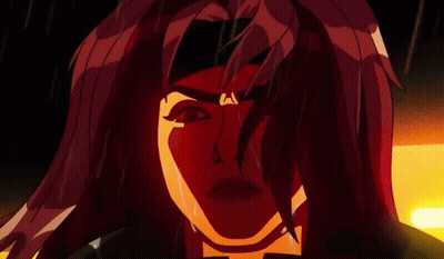 a close up of a cartoon character with red hair
