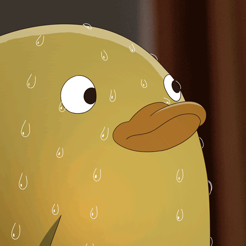 A Close Up Of A Cartoon Character With Sweat Drops On Its Face GIF