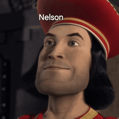 A Close Up Of A Cartoon Character With The Name Nelson On It GIF