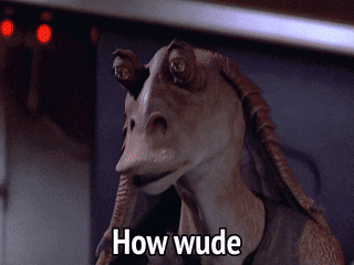 A Close Up Of A Cartoon Character With The Words How Wude On It GIF