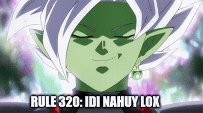 A Close Up Of A Cartoon Character With The Words Rule 320 : Idi Nahuy Lox Above Him GIF