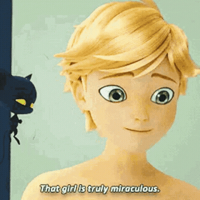 A Close Up Of A Cartoon Character With The Words `` That Girl Is Truly Miraculous '' On It . GIF