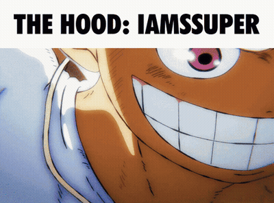 A Close Up Of A Cartoon Character With The Words " The Hood Iamssuper " Below It GIF