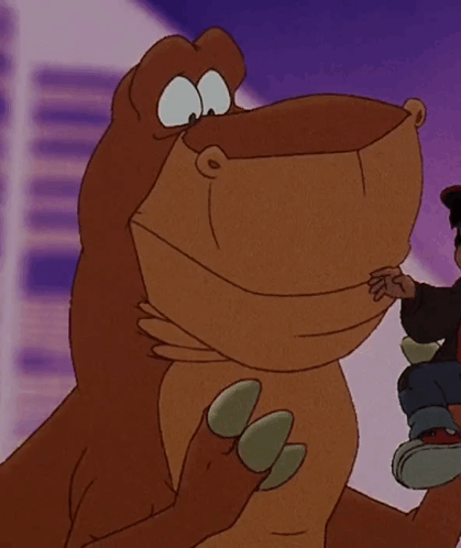 A Close Up Of A Cartoon Dinosaur Eating A Person GIF