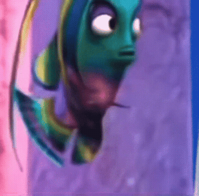 A Close Up Of A Cartoon Fish On A Purple And Pink Background GIF